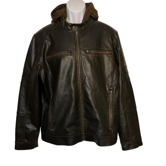 Guess Mens Black faux  Leather Jacket Y2K Brown Hoodie Size L vintage grunge - Picture 1 of 12
